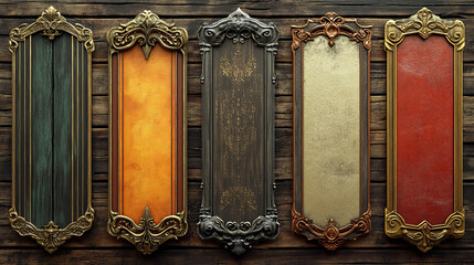 Wall Mural - game buttons with fantasy frames. blank old rectangle bronze, silver and gold boards with decorative