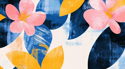 Poster - Vibrant retro risograph inspired floral design featuring colorful blooms and abstract leaves. Generative AI