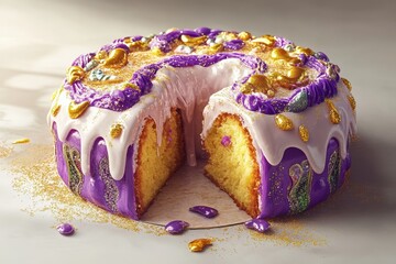 A vibrant king cake with purple and white icing, golden accents, and intricate decorations on a light background