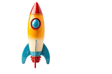 Colorful toy rocket ready for imaginative space adventures in a children's playroom setting