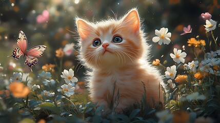 Wall Mural - Adorable ginger kitten amidst blooming flowers and butterflies in a sunlit garden.