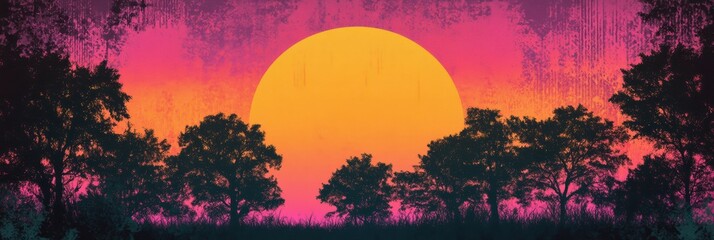Aufkleber - Retro risograph inspired sunset with vibrant colors over silhouettes of trees. Generative AI