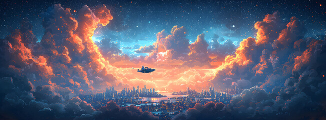 Wall Mural - a colorful sky with a city in the background