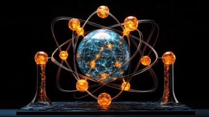 Wall Mural - Glowing atom model with orbiting electrons on dark background.