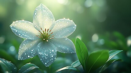 Wall Mural - Dew-kissed white flower in soft sunlight.