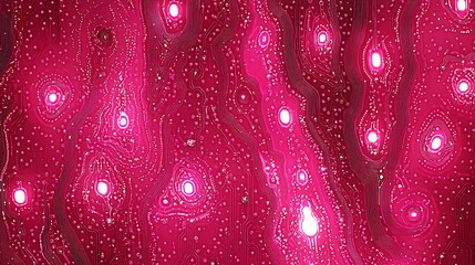 Wall Mural - Abstract pink texture with glowing circles and wavy lines.