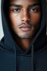 Close-up view of young adult wearing dark hoodie. Man face visible, expression serious. Fashionable casual attire prominent. Style, privacy highlighted. Potential themes include identity, youth