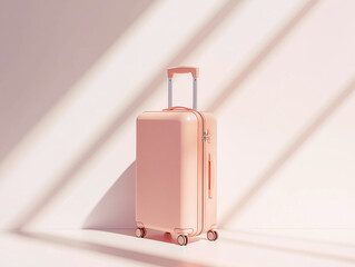 minimalist travel luggage bag in a radiant peach color, set against a pristine white background, evoking feeling of a sunny summer morning, with cabin size suitcase exuding