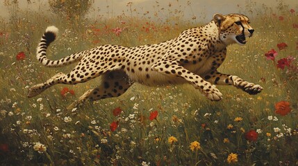 Wall Mural - A cheetah leaps gracefully through a vibrant field of flowers.