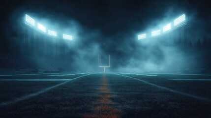 Empty football field at night under stadium lights. Foggy atmosphere creates dramatic scene. Team anticipation hangs in air. Potential for victory defeat. Scene evokes passion, competition. Dramatic