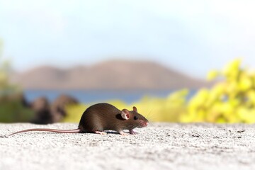 Wall Mural - A small brown mouse sits on a rock near water