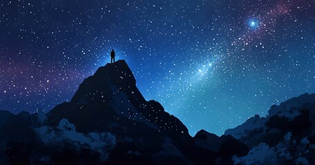 Wall Mural - beautiful night sky with stars and the milky way over a rocky mountain, the silhouette of a person s