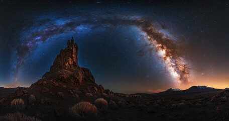 Wall Mural - beautiful night sky with stars and the milky way over a rocky mountain, the silhouette of a person s