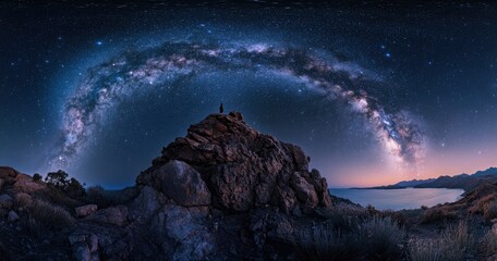 Wall Mural - Beautiful night sky with stars and the Milky Way over a rocky mountain, the silhouette of a person standing on top of the rock on the center-left side, a panoramic view, wide-angle, panorama.