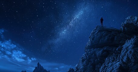 Wall Mural - beautiful night sky with stars and the milky way over a rocky mountain, the silhouette of a person s