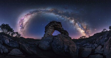 Wall Mural - beautiful night sky with stars and the milky way over a rocky mountain, the silhouette of a person s