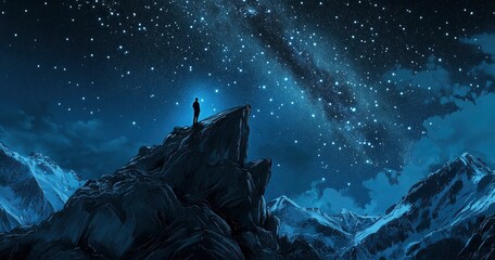 Wall Mural - beautiful night sky with stars and the milky way over a rocky mountain, the silhouette of a person s