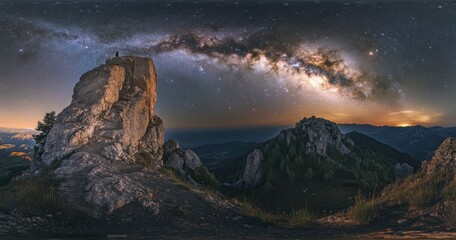 Wall Mural - beautiful night sky with stars and the milky way over a rocky mountain, the silhouette of a person s