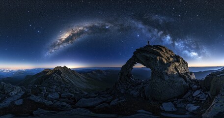 Wall Mural - beautiful night sky with stars and the milky way over a rocky mountain, the silhouette of a person s