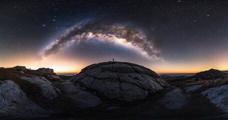 Wall Mural - beautiful night sky with stars and the milky way over a rocky mountain, the silhouette of a person s