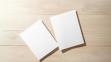 Two blank white sheets of paper lie on light beige wooden table. Top view shows empty paper with natural wood texture background. Versatile mockup for various design projects. Suitable for business