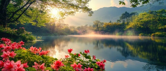 Wall Mural - Beautiful spring scenery with colorful flowers blooming on both sides of the river, lake reflection, misty forest, sunlight shining through the leaves and reflecting in the water surface.