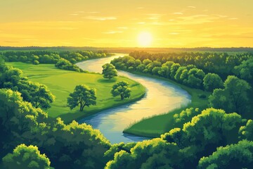 Wall Mural - Beautiful summer landscape with a river, trees, and green fields at sunset from above, an aerial view. 