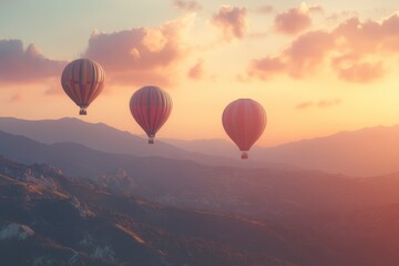 Colorful hot air balloons flying over the mountains at sunset with copy space. high quality and high resolution, with a vibrant color palette that captures the energy of travel and adventure, symboliz