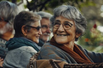 Wall Mural - Portrait of a smiling senior woman with glasses in the street.