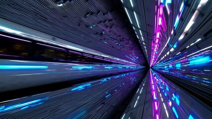 High-speed train traveling through a futuristic tunnel with colorful lights