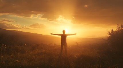 Wall Mural - Man Silhouetted Against Sunset Over Mountains