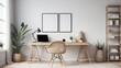© DARPANA - blank mock up frame wall in scandinavian interior background, rattan chair and white desk