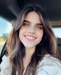 Wall Mural - Portrait of a Smiling Young Woman in a Car