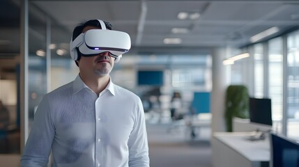 Wall Mural - businessman using virtual reality headset in modern office
