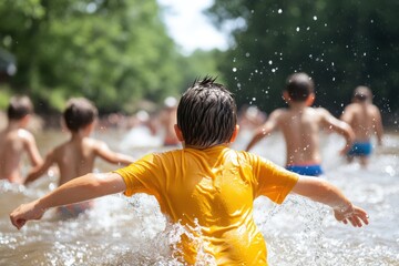 Wall Mural - Children joyfully splashing in a sunlit river on a warm summer day, creating lasting memories and laughter