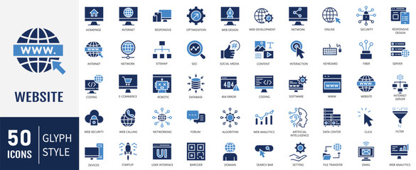 Website Flat Icons set. Vector illustration in thin line modern style of internet related icons: content, hosting, user interface, and more. Isolated on white