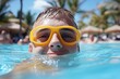 © Lens Legacy - Young swimmer enjoying a sunny day at the pool with bright goggles and clear blue water in a tropical resort ambiance