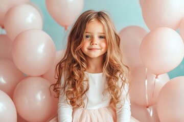 Wall Mural - Celebrating innocence and joy with a young girl amidst a backdrop of soft pink balloons