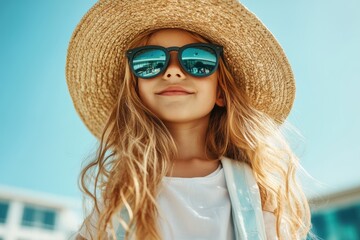 Wall Mural - Young girl enjoying a sunny day at the beach wearing stylish sunglasses and a wide-brimmed hat