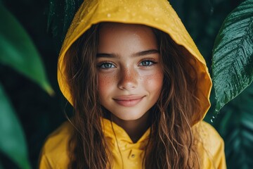 Wall Mural - Bright yellow raincoat contrasts against lush greenery as a young girl smiles amidst the rain