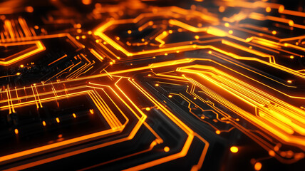 Wall Mural - abstract close-up of glowing orange circuit board patterns