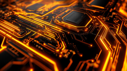 Wall Mural - abstract close-up of glowing orange circuit board patterns