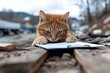 © Lens Legacy - Curious feline examines a clipboard in a rustic outdoor setting during cloudy daylight