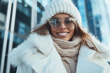 Wall Mural - Warm smile brightens a chilly winter day in a modern urban setting