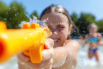 Wall Mural - Children engaging in playful water fights at a sunny outdoor pool on a warm summer day