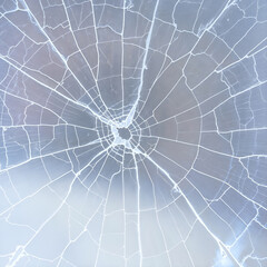 Cracked glass texture with intricate details resembling a spider web on a frosty surface. Generative AI