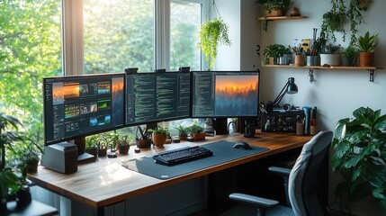 Wall Mural - Home office setup, stylish desk with multiple monitors, natural light from the window, organized workspace, plants, and creative tools