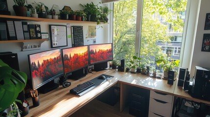 Wall Mural - Home office setup, stylish desk with multiple monitors, natural light from the window, organized workspace, plants, and creative tools