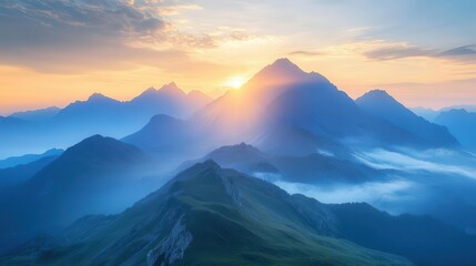 Wall Mural - Mountain landscape at sunrise, peaks glowing with soft morning light, mist rising from valleys, peaceful and majestic scenery