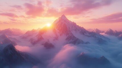 Wall Mural - Mountain landscape at sunrise, peaks glowing with soft morning light, mist rising from valleys, peaceful and majestic scenery